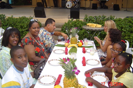 Me and my family during the luau.  I'm in the mint green on the left, my son Spencer beside me and my daugther Makayla across from him.