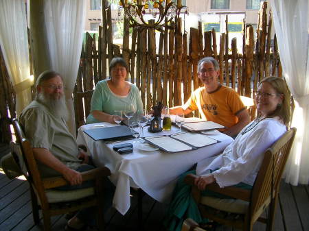 Dinner in Santa Fe with my husband, Gordon (in orange), brother, Tom and his wife, Ann