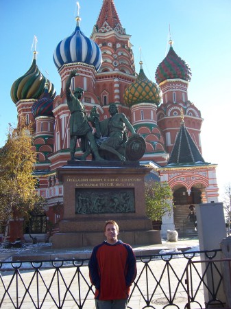 Matt in Moscow's Red Square in front of St. Basil's Cathedral