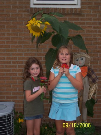 RILEY AND SHELBY UNDER THEIR SUNFLOWER IN OUR YARD