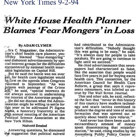 Shaker's block Nationalized Health Care - Successful lawsuit against First Lady Hillary Clinton and her Health Care Task Force - Hillary and her healthcare czar blamed the Shaker's early direct mail for defeat - NYT 9/2 & 9/30/94