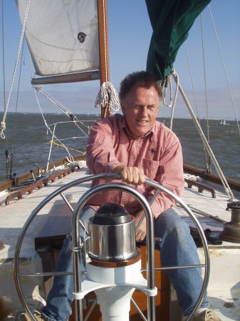 At the helm of Wind's Call, my 53 ft cement ketch