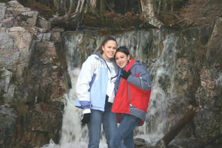 Kristen and Rachel at the Waterfall on the Trail