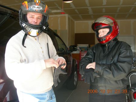 Kathleen in Red Helmet, Son Getting Ready for Harley Ride~2006