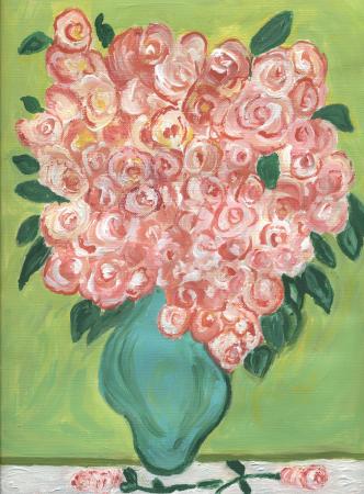 Green Vase With Pink Roses