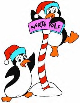2 penguins with north pole sign