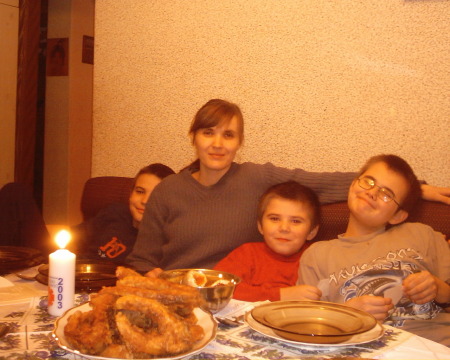 Wife & sons, Christmas Eve, 2003