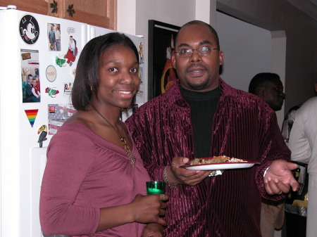 Michael and a friend at his annual holiday party, Christmas 2004