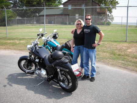 My son Shaun's Harley(black). My husband's Harley (aqua blue) in Virginia Beach, VA.