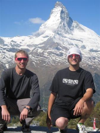 Travis,(on left) my oldest son, backpacking Europe. Just after climbing down the backside of the Matterhorn in Zermatt, Switzerland!