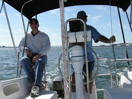 Ben and John motoring on S/V Discovery