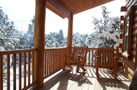 The porch of our log cabin around Christmas time