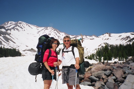 My wife and me heading to base camp before climbing 14,162 ft Mt. Shasta for the 9th time