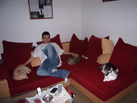 Dominic with the furry Family members.