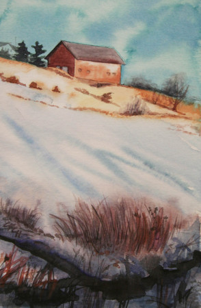 Hillside barn, watercolor