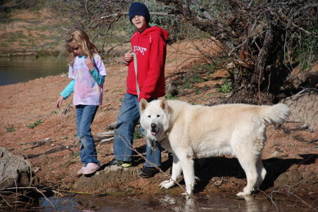 My kids and bear at lake