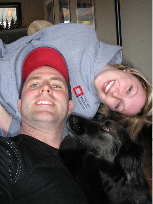 Sheri, husband Emory and the beloved dog, Fuzz.