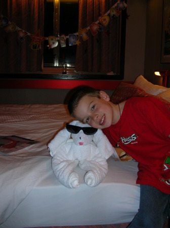 Torry on the cruise with his towel buddy