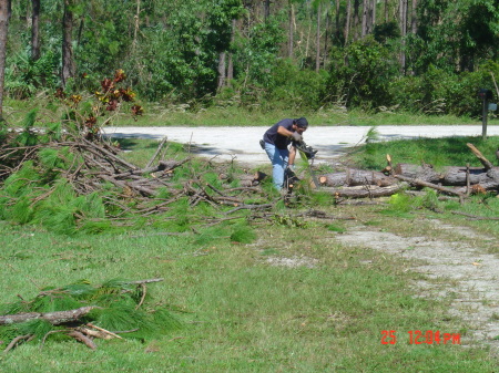 Chuck chopping up a tree after Hurricane Wilma