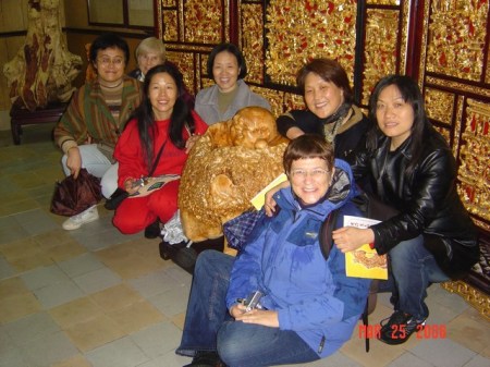 Visiting wood carvers in Chaozhou, China with my Chinese colleagues from Shantou University.