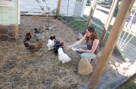 Sarah feeding the chickens