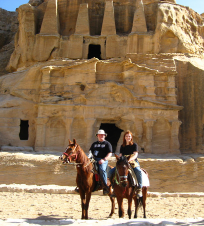 Kevin & Tracy in front of Obelisk Tomb & Bab As-Siq Triclinium, November 9th in Petra, Jordan