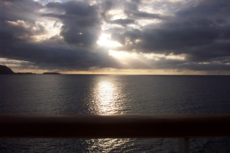 Sunset aboard ship off Moorea