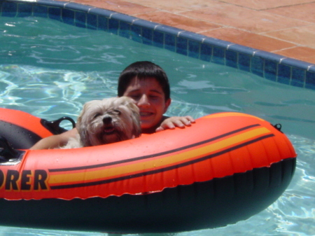 matthew & chipper a float in the pool