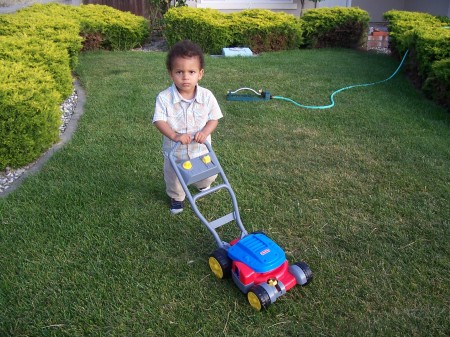 My son "mows the lawn"