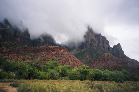 The Watchman Formation at Zion in the mist.