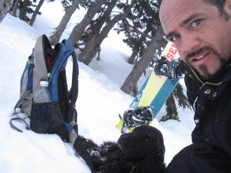 Me and my dog Velvet back-country snowboarding