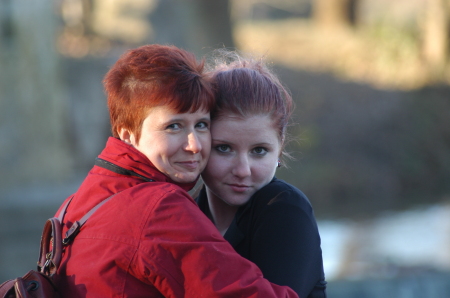 Sonya and Deanna at a covered bridge in Missouri