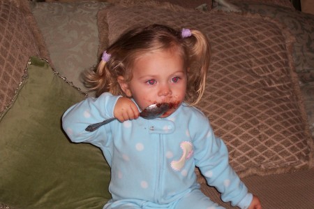 Hazel eating brownie mix :)