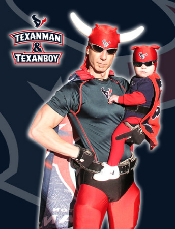 Son-in-Law, Gerald and Grandson, Austin, after competing to be mascot for Houston Texans football team.