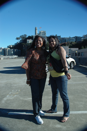 My mom's sister Deloria-Janette and cousin Michelle. in San Francisco with Coit Tower in the background, on Telegraph Hill.