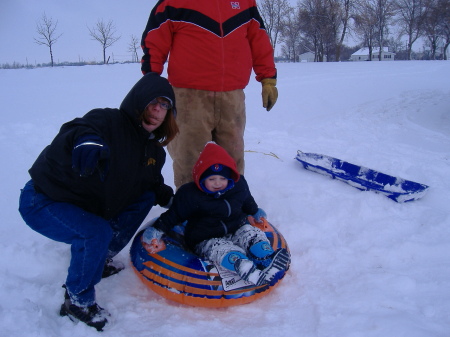 Me and Dylan on Dyl's first time in snow and sledding