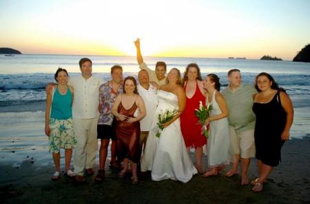 friends at our wedding at sunset