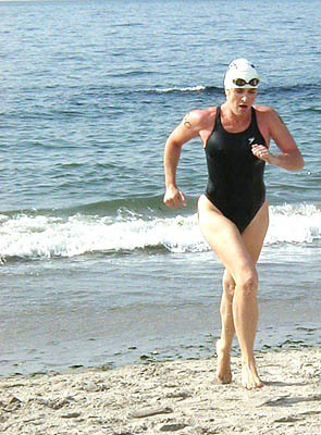 Finishing the CIBBOWS Coney Island Mile Swim Race in 2005