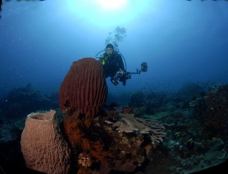 my son in Indonesia with me diving