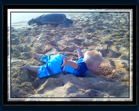 Austin and Honu at Makaha Beach, Hawaii