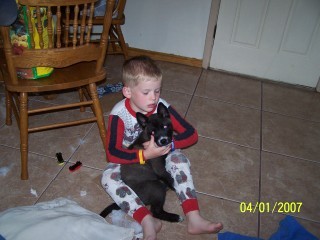 My son with his New Puppy domino