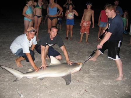 My son Jeremy (far right) after catching a bull shark at Clearwater Beach, Florida