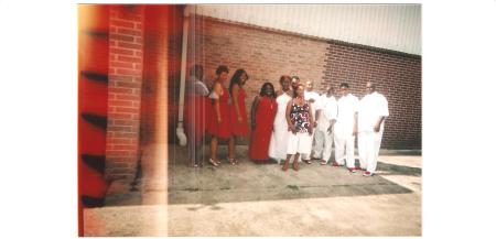 Whole Red and White wedding party from (L to R