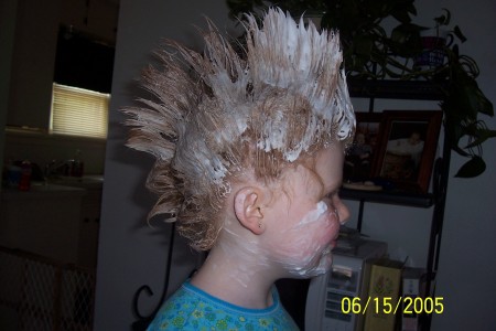 Chele after a shaving cream fight. She spiked her hair when she was done.lol
