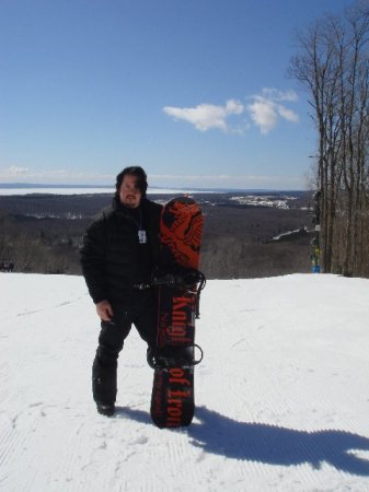 Snowboarding with Lake Michigan behind me