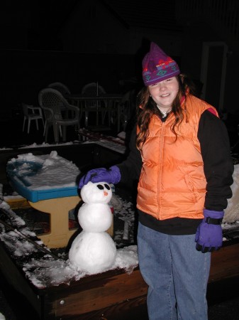 oldest daughter a few years ago building a mini snow man after a freak snow storm