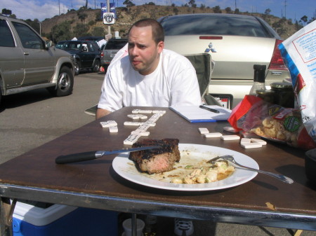 My son Jordan at a Charger game tailgating