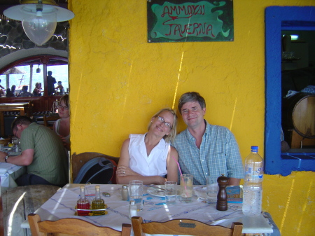 Pam and I in a little restaurant in Santarini, Greece