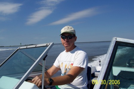 hubby,,Hugh,, enjoying our boat in the ocean