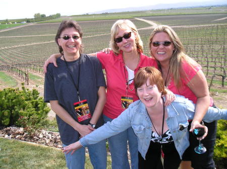 Some friends and me visiting a winery - I'm in the pink in the middle